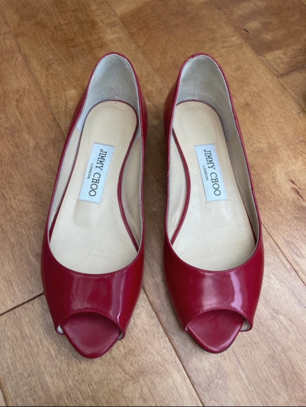 Jimmy Choo Red Patent Peep-Toe Flats